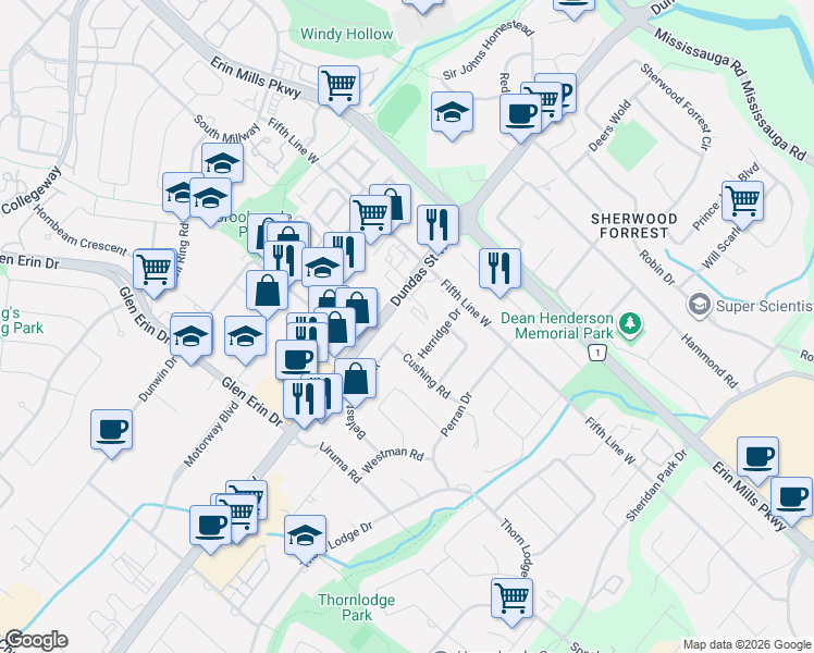 map of restaurants, bars, coffee shops, grocery stores, and more near 2174 Belfast Crescent in Mississauga