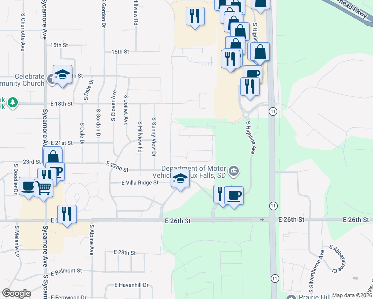 map of restaurants, bars, coffee shops, grocery stores, and more near 5450 East Blarney Place in Sioux Falls