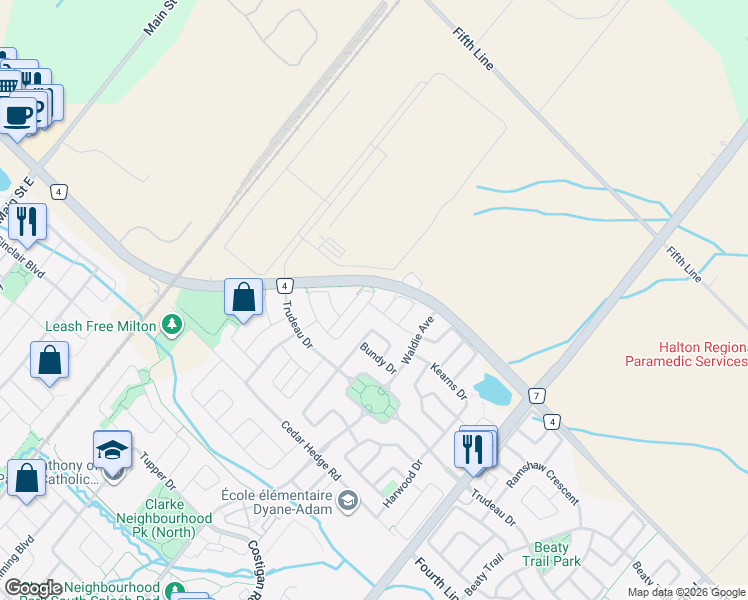 map of restaurants, bars, coffee shops, grocery stores, and more near 1704 Copeland Circle in Milton