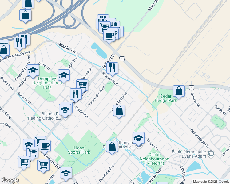 map of restaurants, bars, coffee shops, grocery stores, and more near 241 Featherstone Road in Milton