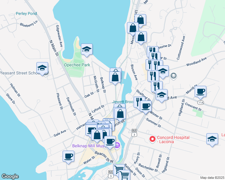 map of restaurants, bars, coffee shops, grocery stores, and more near 128 Messer Street in Laconia