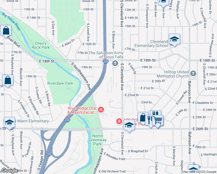 map of restaurants, bars, coffee shops, grocery stores, and more near 1209 South Majestic View Place in Sioux Falls
