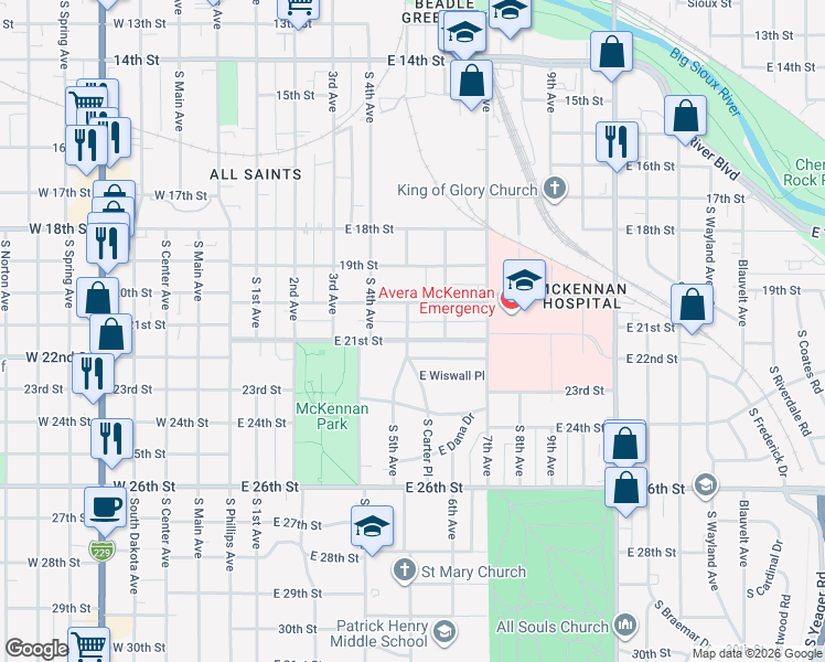 map of restaurants, bars, coffee shops, grocery stores, and more near 651-699 East 20th Street in Sioux Falls