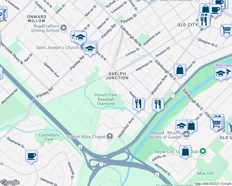 map of restaurants, bars, coffee shops, grocery stores, and more near 190 Inkerman Street in Guelph