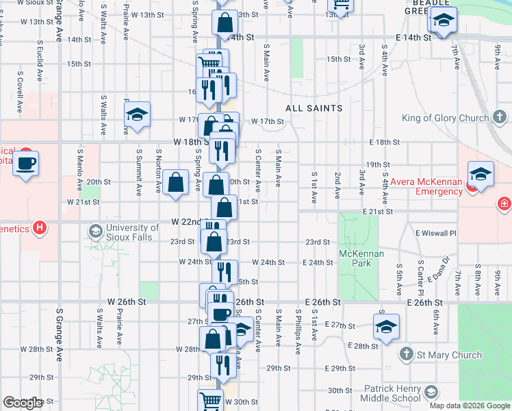 map of restaurants, bars, coffee shops, grocery stores, and more near 1211 South Center Avenue in Sioux Falls
