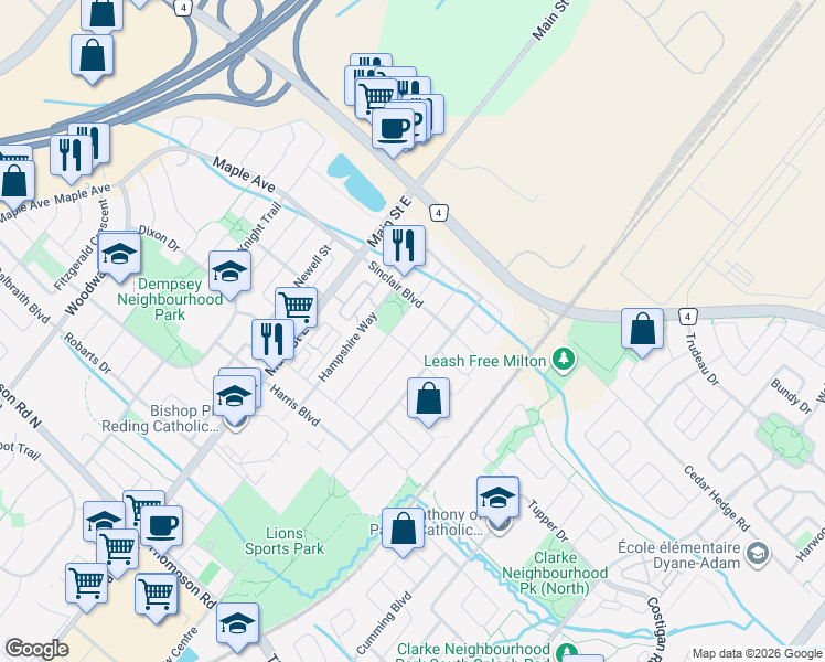 map of restaurants, bars, coffee shops, grocery stores, and more near 40 Sinclair Boulevard in Milton