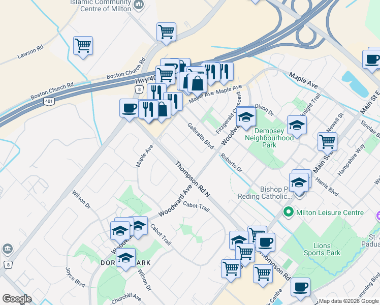 map of restaurants, bars, coffee shops, grocery stores, and more near 248 Pettigrew Trail in Milton