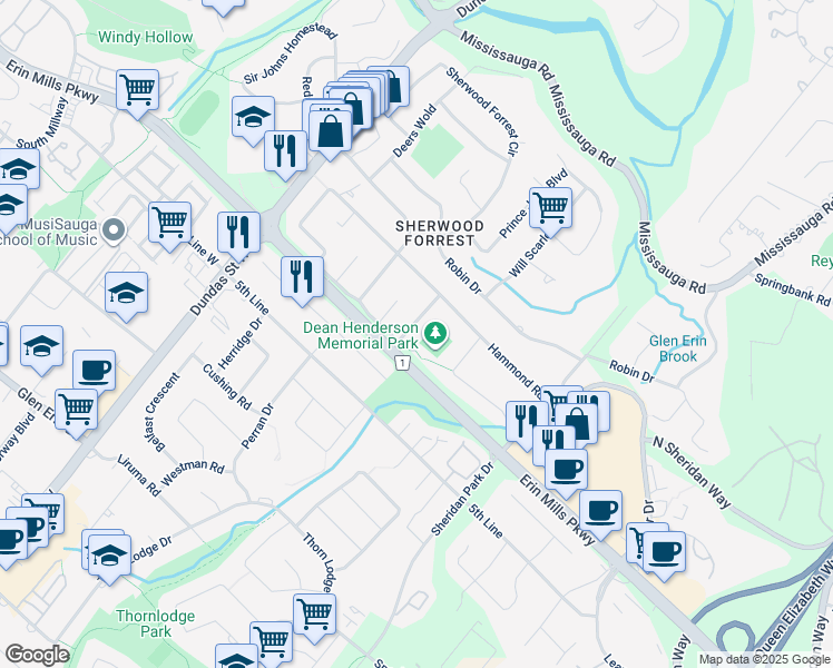 map of restaurants, bars, coffee shops, grocery stores, and more near 2923 Hammond Road in Mississauga