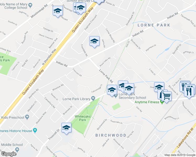map of restaurants, bars, coffee shops, grocery stores, and more near 1396 Crescent Road in Mississauga