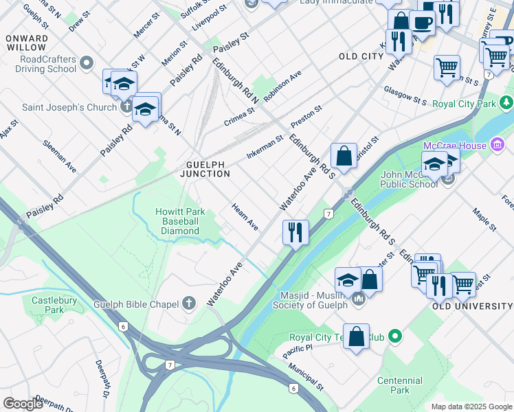 map of restaurants, bars, coffee shops, grocery stores, and more near 88 Alma Street South in Guelph
