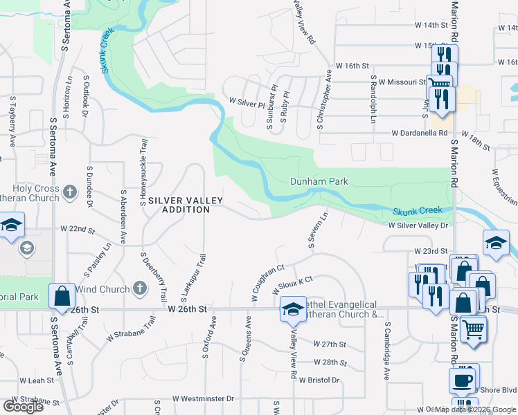map of restaurants, bars, coffee shops, grocery stores, and more near Sioux Falls Bike Trail in Sioux Falls