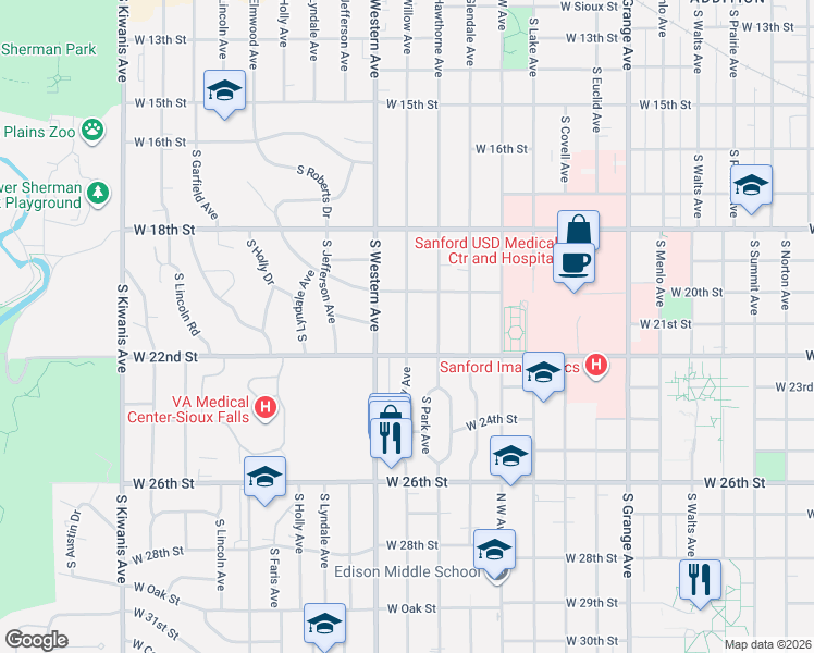 map of restaurants, bars, coffee shops, grocery stores, and more near 1308 South Willow Avenue in Sioux Falls