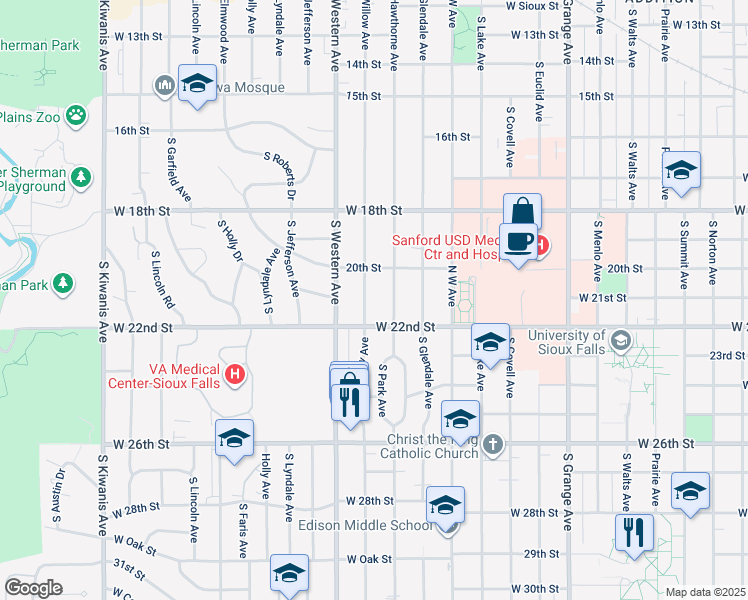 map of restaurants, bars, coffee shops, grocery stores, and more near 1305 South Willow Avenue in Sioux Falls