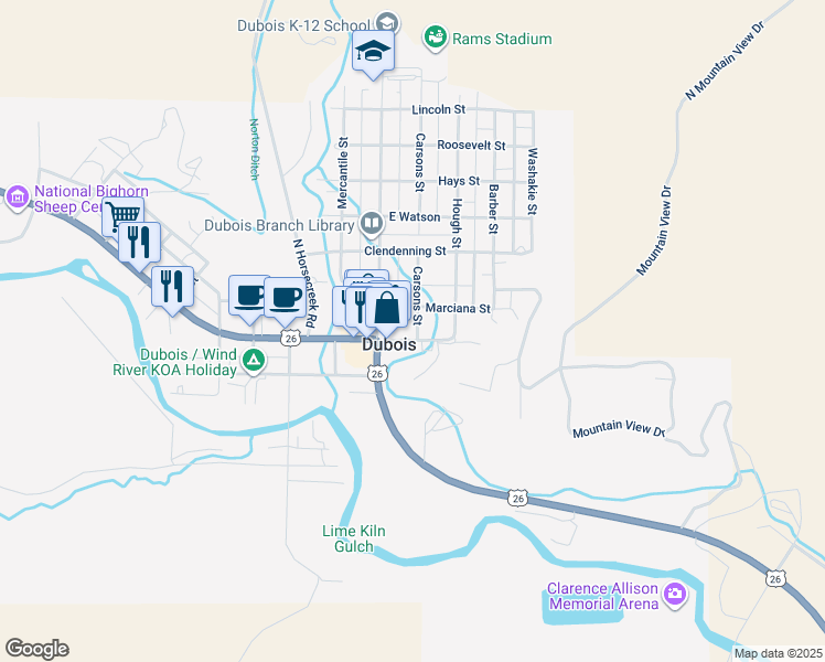map of restaurants, bars, coffee shops, grocery stores, and more near 220 East Rams Horn in Lander