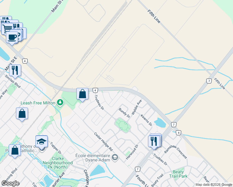 map of restaurants, bars, coffee shops, grocery stores, and more near 1730 Copeland Circle in Milton