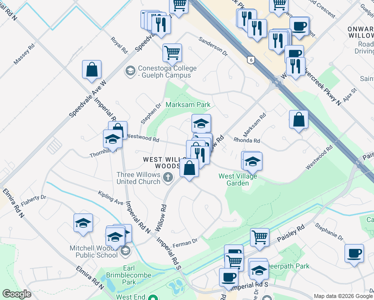 map of restaurants, bars, coffee shops, grocery stores, and more near 100 Wimbledon Road in Guelph