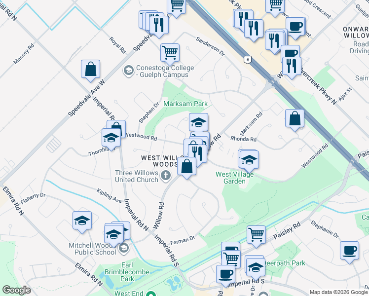 map of restaurants, bars, coffee shops, grocery stores, and more near 100 Wimbledon Road in Guelph