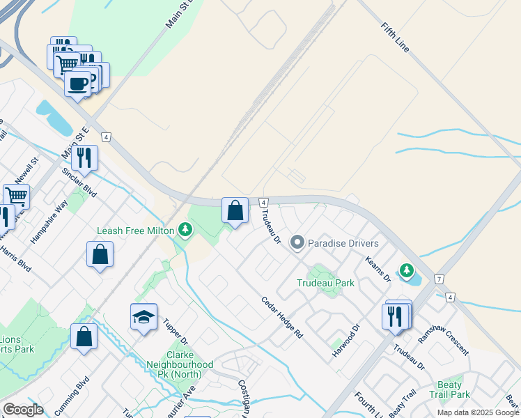 map of restaurants, bars, coffee shops, grocery stores, and more near 467 Blinco Terrace in Milton