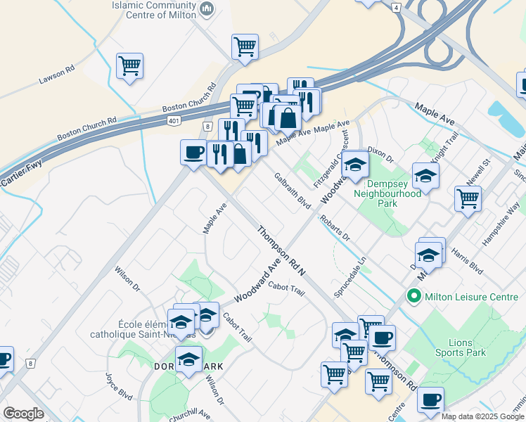 map of restaurants, bars, coffee shops, grocery stores, and more near 263 Pettigrew Trail in Milton