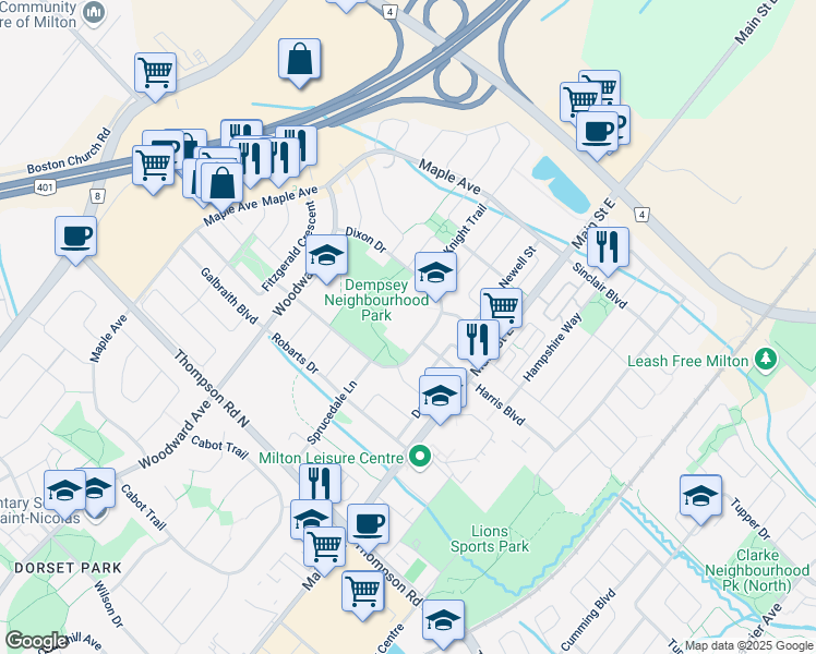 map of restaurants, bars, coffee shops, grocery stores, and more near 137 Dixon Drive in Milton