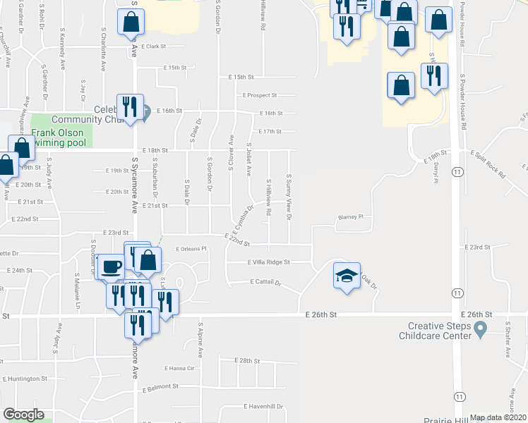 map of restaurants, bars, coffee shops, grocery stores, and more near 1505 South Hillview Road in Sioux Falls