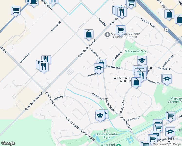 map of restaurants, bars, coffee shops, grocery stores, and more near 21 Thornhill Drive in Guelph
