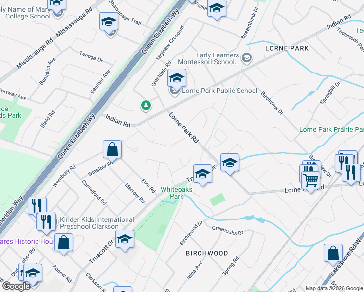 map of restaurants, bars, coffee shops, grocery stores, and more near 1396 Crescent Road in Mississauga