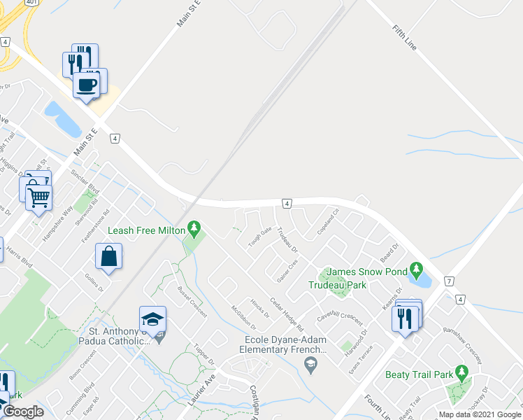 map of restaurants, bars, coffee shops, grocery stores, and more near 467 Blinco Terrace in Milton
