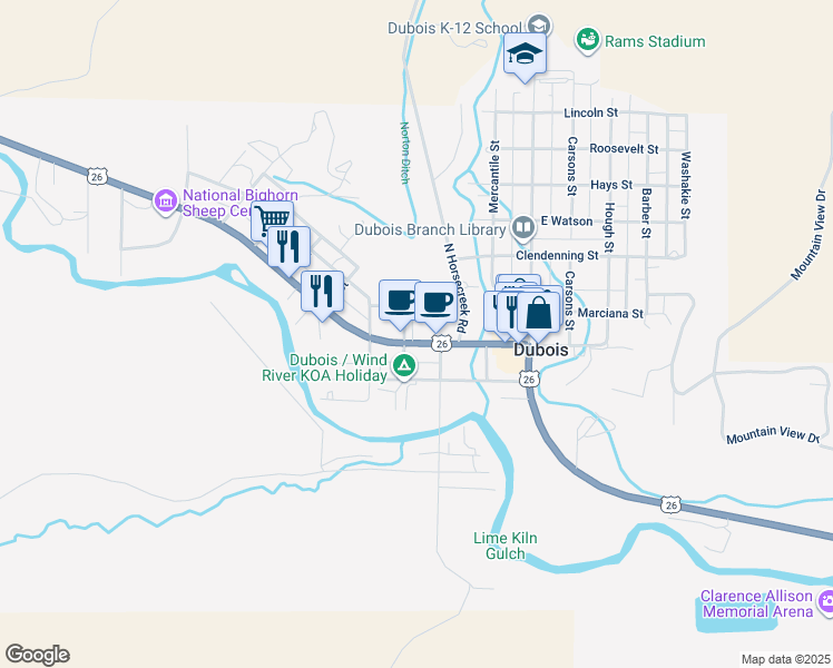 map of restaurants, bars, coffee shops, grocery stores, and more near 218 West Ramshorn in Lander