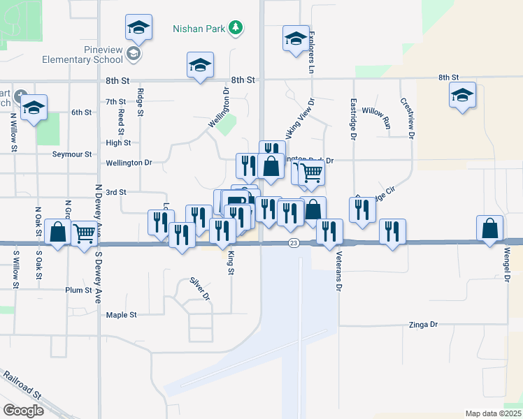 map of restaurants, bars, coffee shops, grocery stores, and more near 150 County Road H in Reedsburg