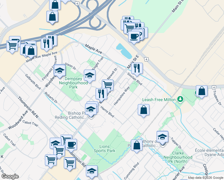 map of restaurants, bars, coffee shops, grocery stores, and more near 1284 Main Street East in Milton