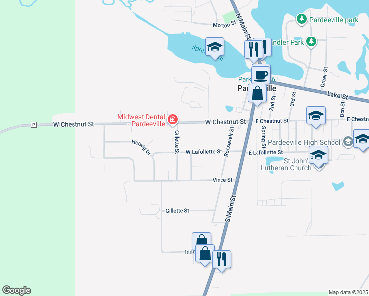map of restaurants, bars, coffee shops, grocery stores, and more near 107 Gillette Street in Pardeeville