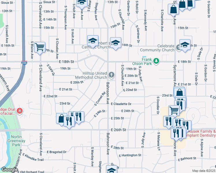 map of restaurants, bars, coffee shops, grocery stores, and more near 3701-3799 East 20th Street in Sioux Falls