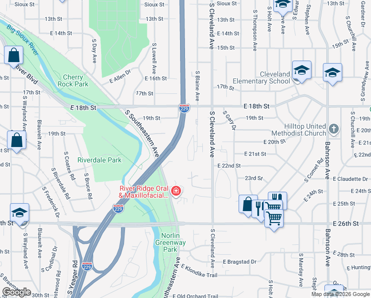 map of restaurants, bars, coffee shops, grocery stores, and more near 1209 South Majestic View Place in Sioux Falls