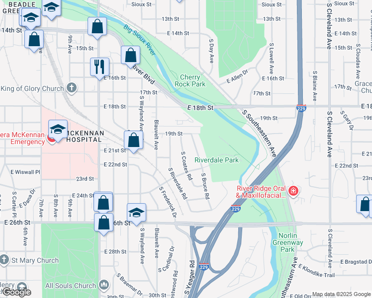 map of restaurants, bars, coffee shops, grocery stores, and more near 1301-1499 S Bruce Rd in Sioux Falls