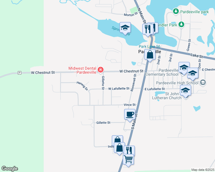 map of restaurants, bars, coffee shops, grocery stores, and more near 112 Gillette Street in Pardeeville