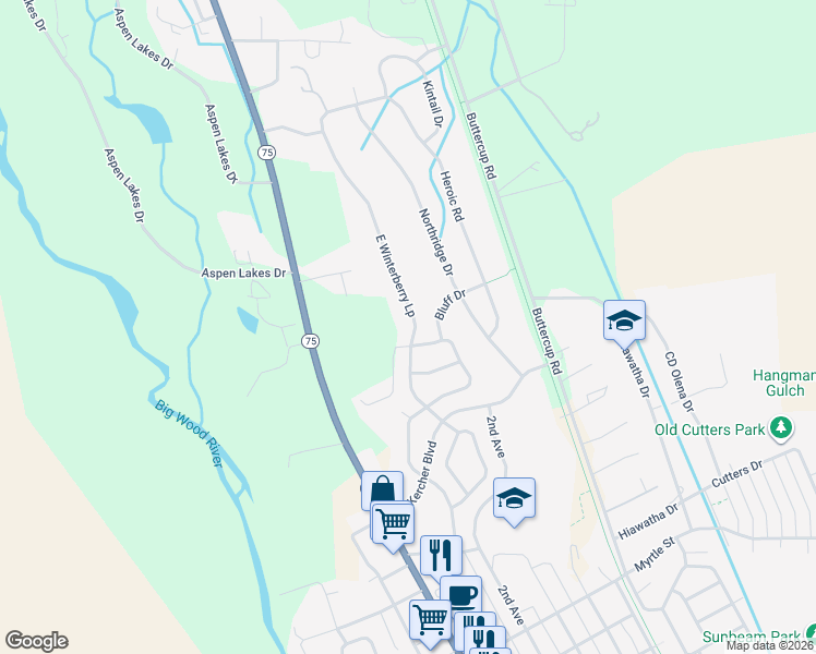 map of restaurants, bars, coffee shops, grocery stores, and more near 1451 2nd Avenue North in Hailey