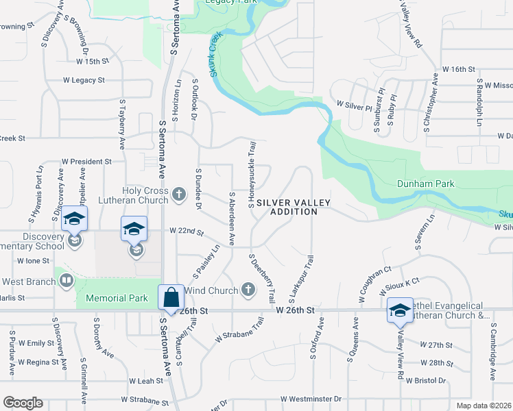 map of restaurants, bars, coffee shops, grocery stores, and more near 1306 South Honeysuckle Trail in Sioux Falls
