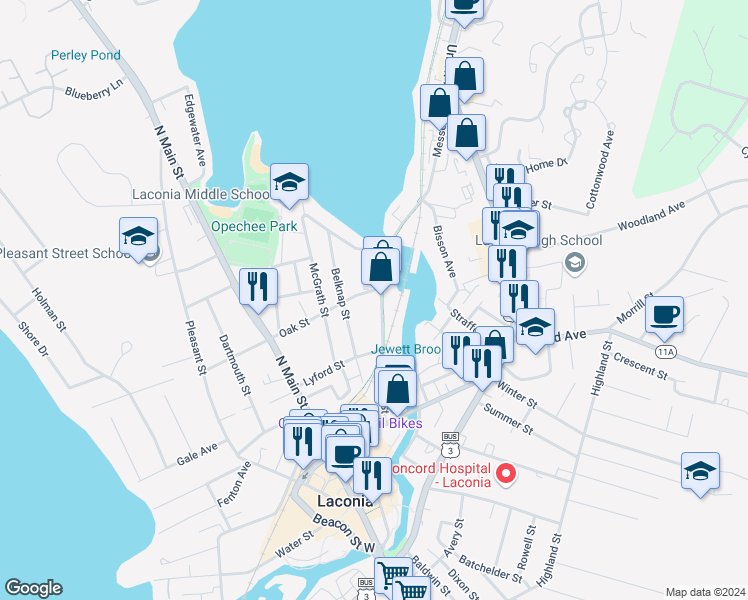 map of restaurants, bars, coffee shops, grocery stores, and more near 128 Messer Street in Laconia