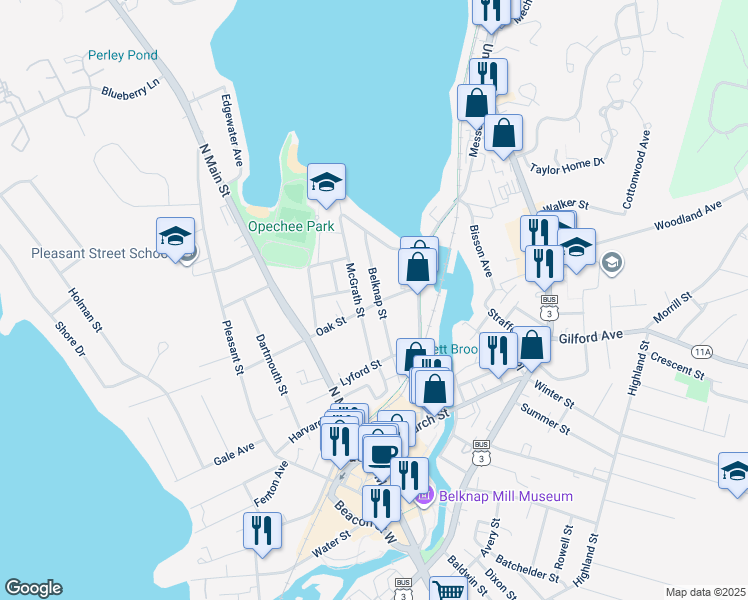 map of restaurants, bars, coffee shops, grocery stores, and more near 57 Belknap Street in Laconia