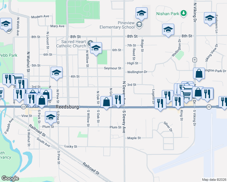 map of restaurants, bars, coffee shops, grocery stores, and more near 1038 3rd Street in Reedsburg