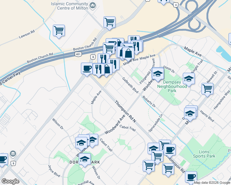 map of restaurants, bars, coffee shops, grocery stores, and more near 269 Pettigrew Trail in Milton
