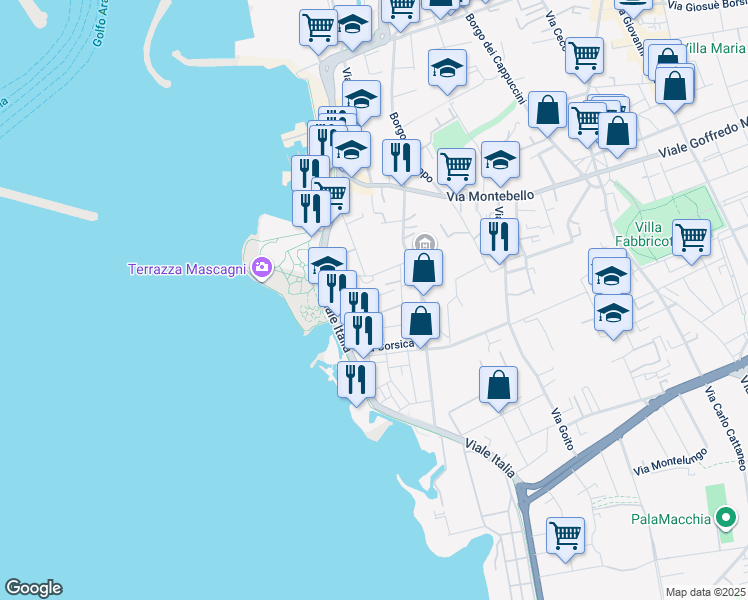map of restaurants, bars, coffee shops, grocery stores, and more near 28 Via Forte dei Cavalleggeri in Livorno