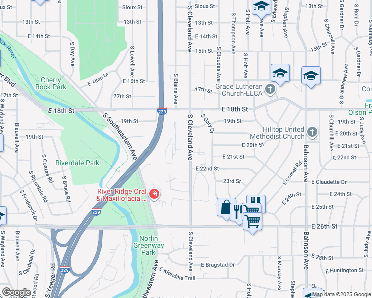 map of restaurants, bars, coffee shops, grocery stores, and more near 1217 South Cleveland Avenue in Sioux Falls