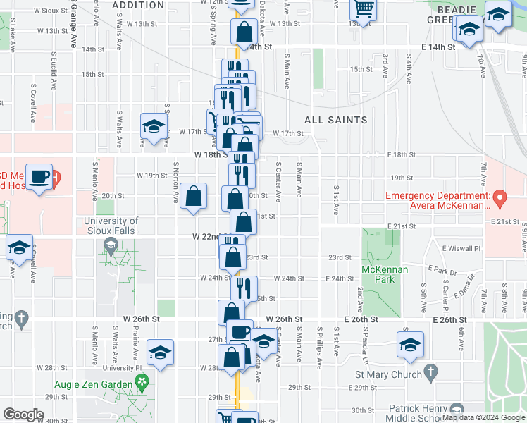 map of restaurants, bars, coffee shops, grocery stores, and more near 310 West 21st Street in Sioux Falls