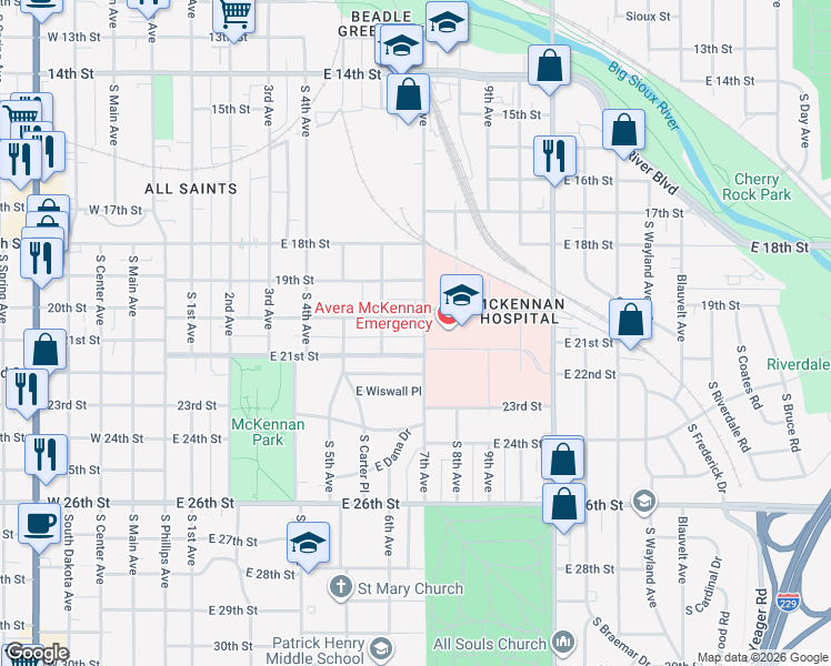 map of restaurants, bars, coffee shops, grocery stores, and more near 709 East 20th Street in Sioux Falls