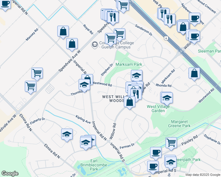 map of restaurants, bars, coffee shops, grocery stores, and more near 4 Primrose Lane in Guelph