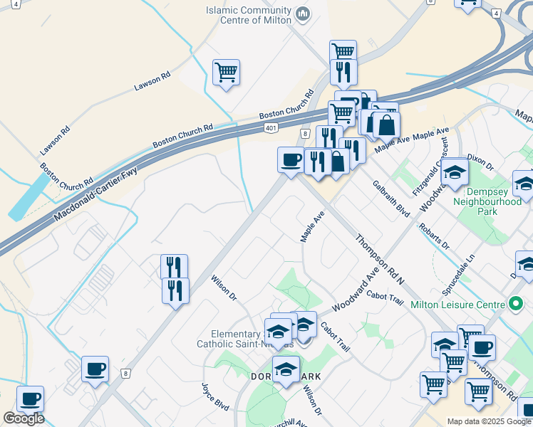 map of restaurants, bars, coffee shops, grocery stores, and more near 829 Cedarbrae Avenue in Milton