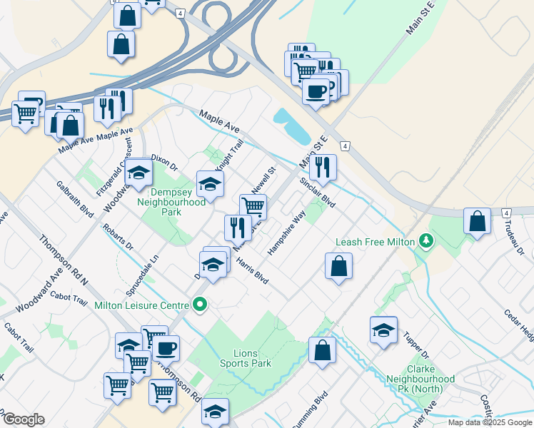 map of restaurants, bars, coffee shops, grocery stores, and more near 1284 Main Street East in Milton