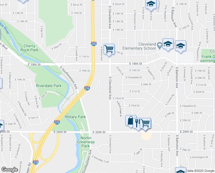map of restaurants, bars, coffee shops, grocery stores, and more near 1217 South Cleveland Avenue in Sioux Falls